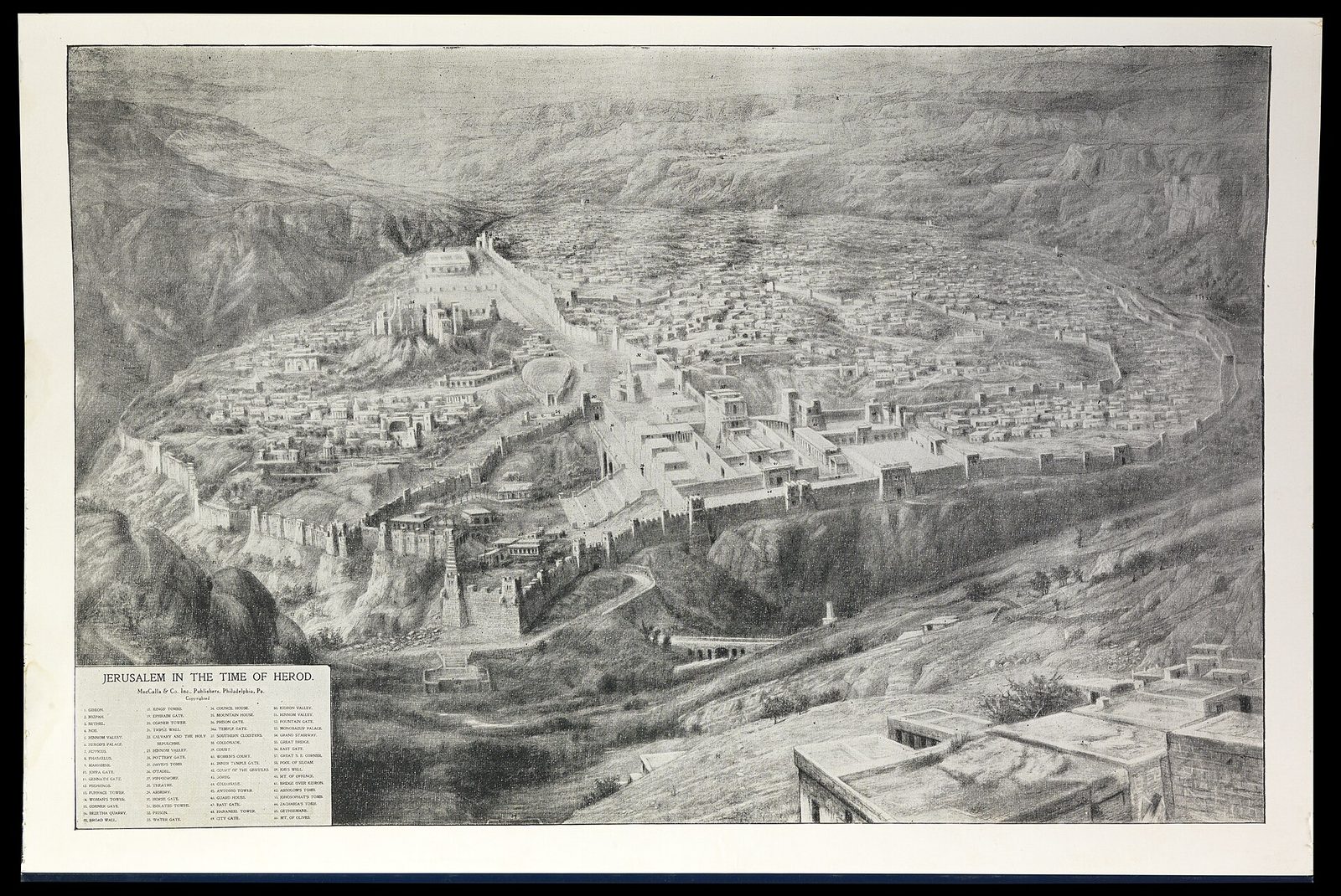 Bird's-eye reconstruction of Jerusalem in the time of Herod, viewed from the Mount of Olives