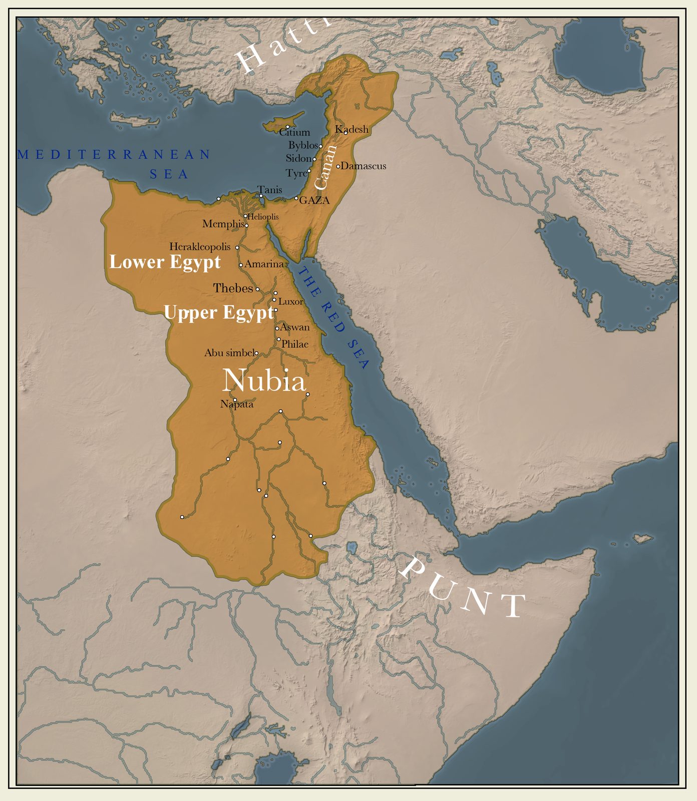 Map of New Kingdom Egypt and its empire under Thutmose III, c. 1453 BCE.