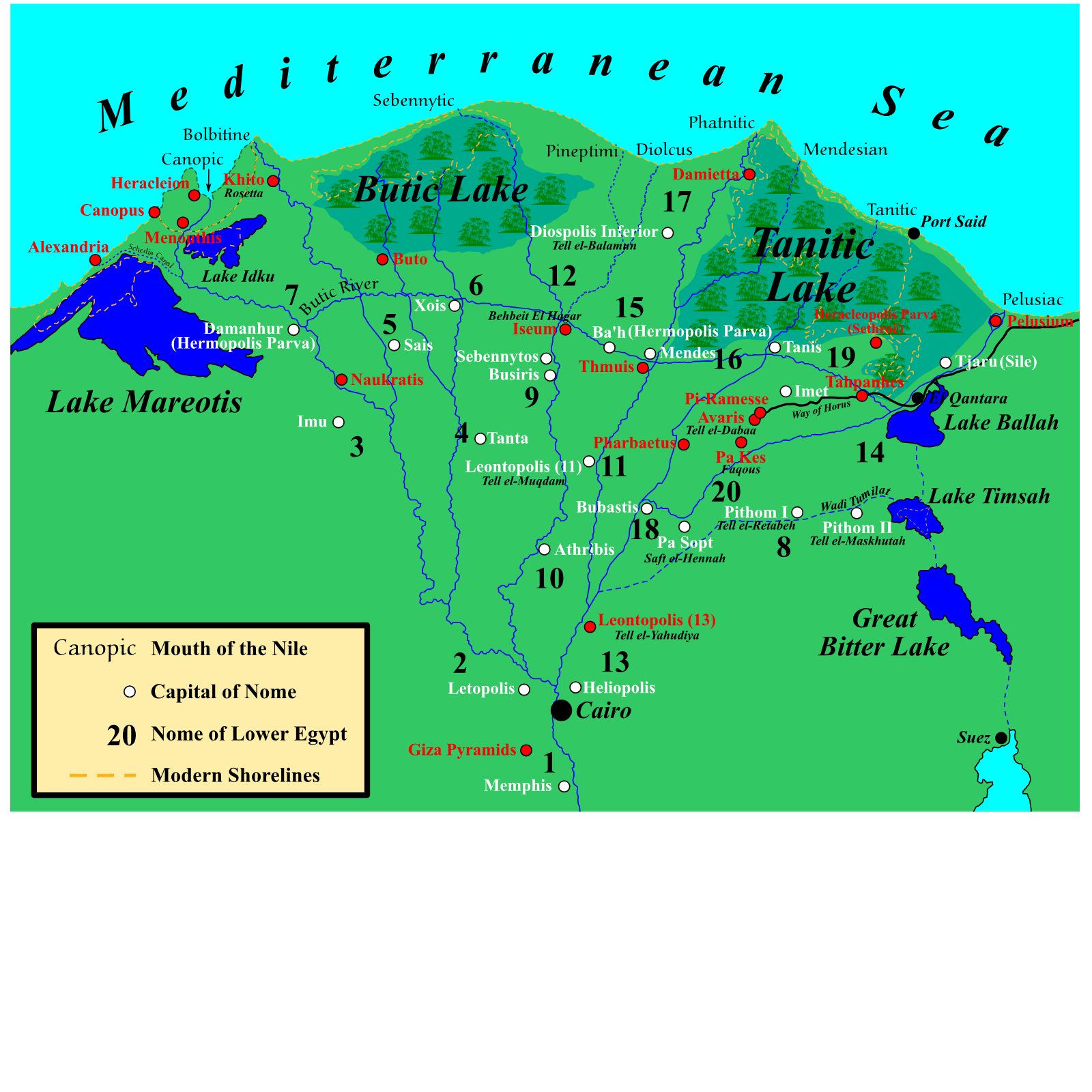 Map of Lower Egypt and the Nile Delta in ancient times.
