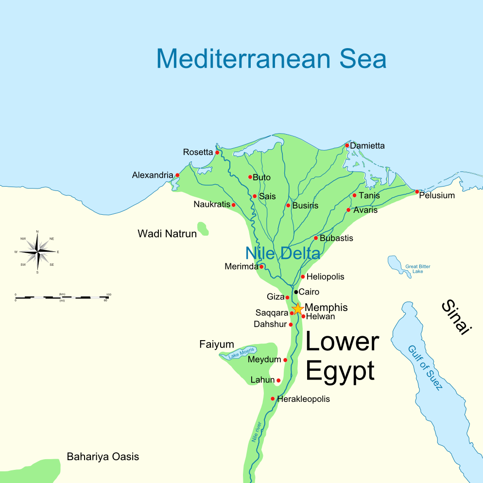Map of Lower Egypt showing the Nile Delta and its ancient sites.