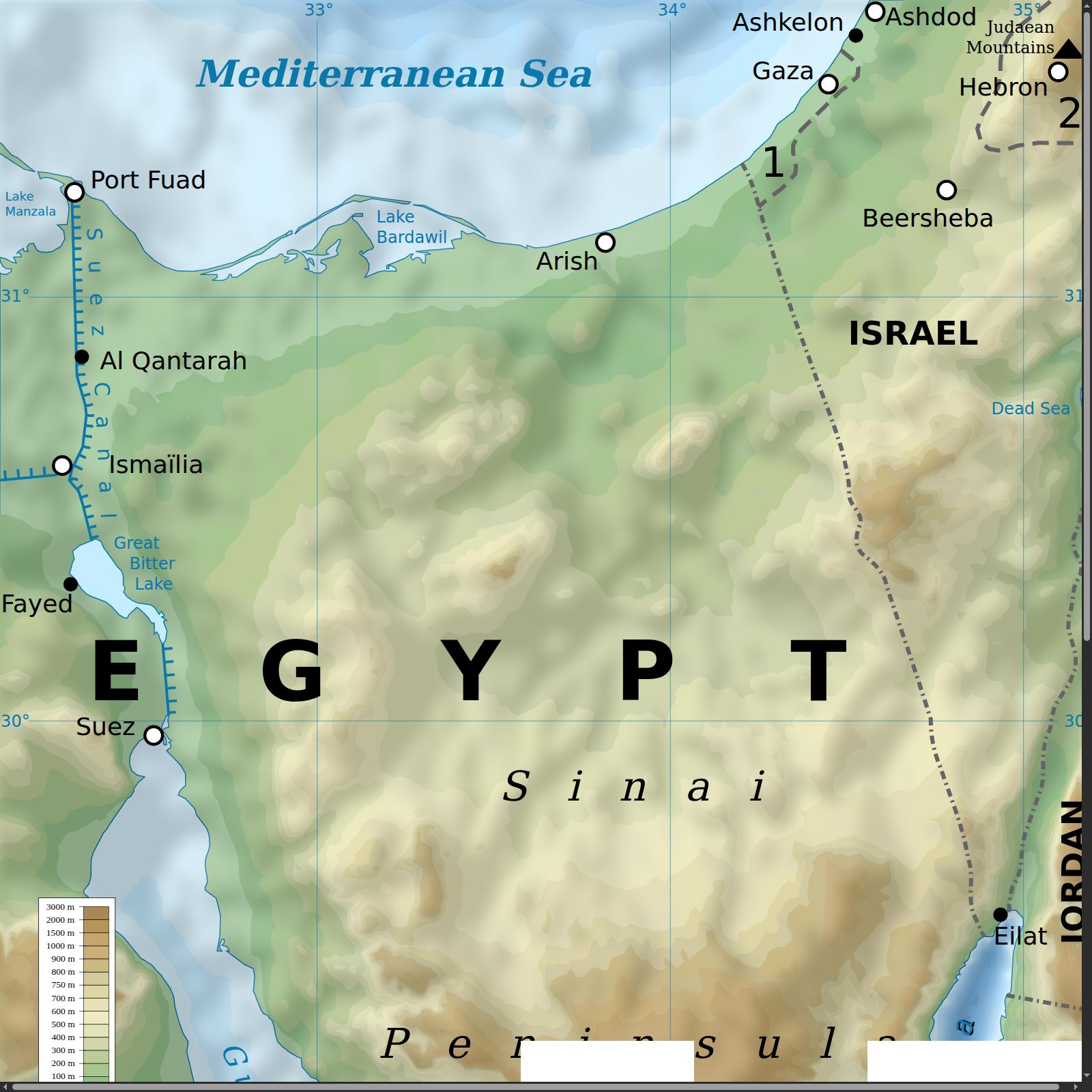 Relief map of the Sinai Peninsula.