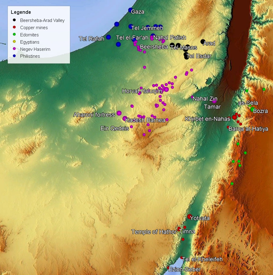 Map of the Negev and surroundings in the Iron Age I-IIa period, showing archaeological sites and settlement patterns.