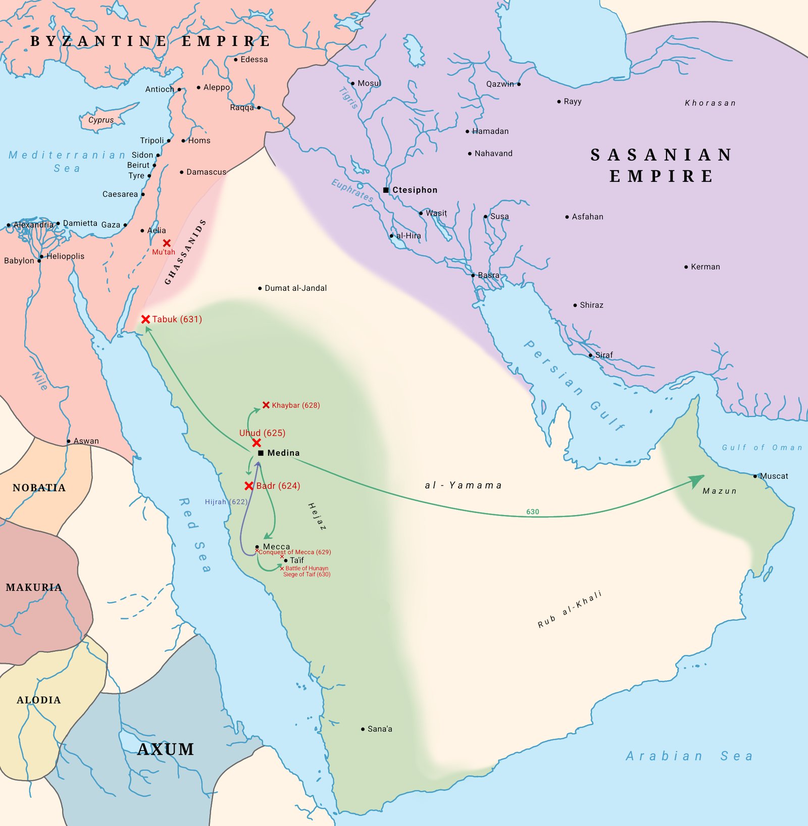 Map of the extent of the Muslim community's territory across Arabia by 632