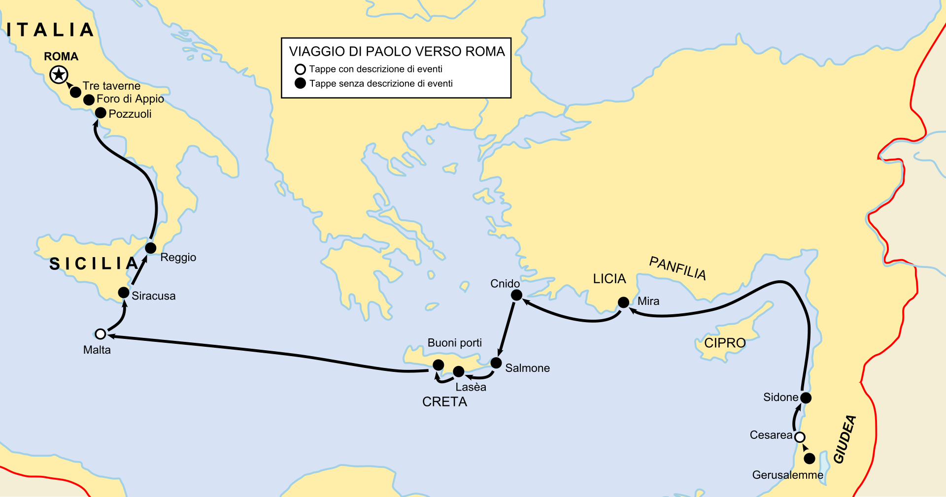 Map of Paul's final journey from Jerusalem to Rome, including the voyage and shipwreck