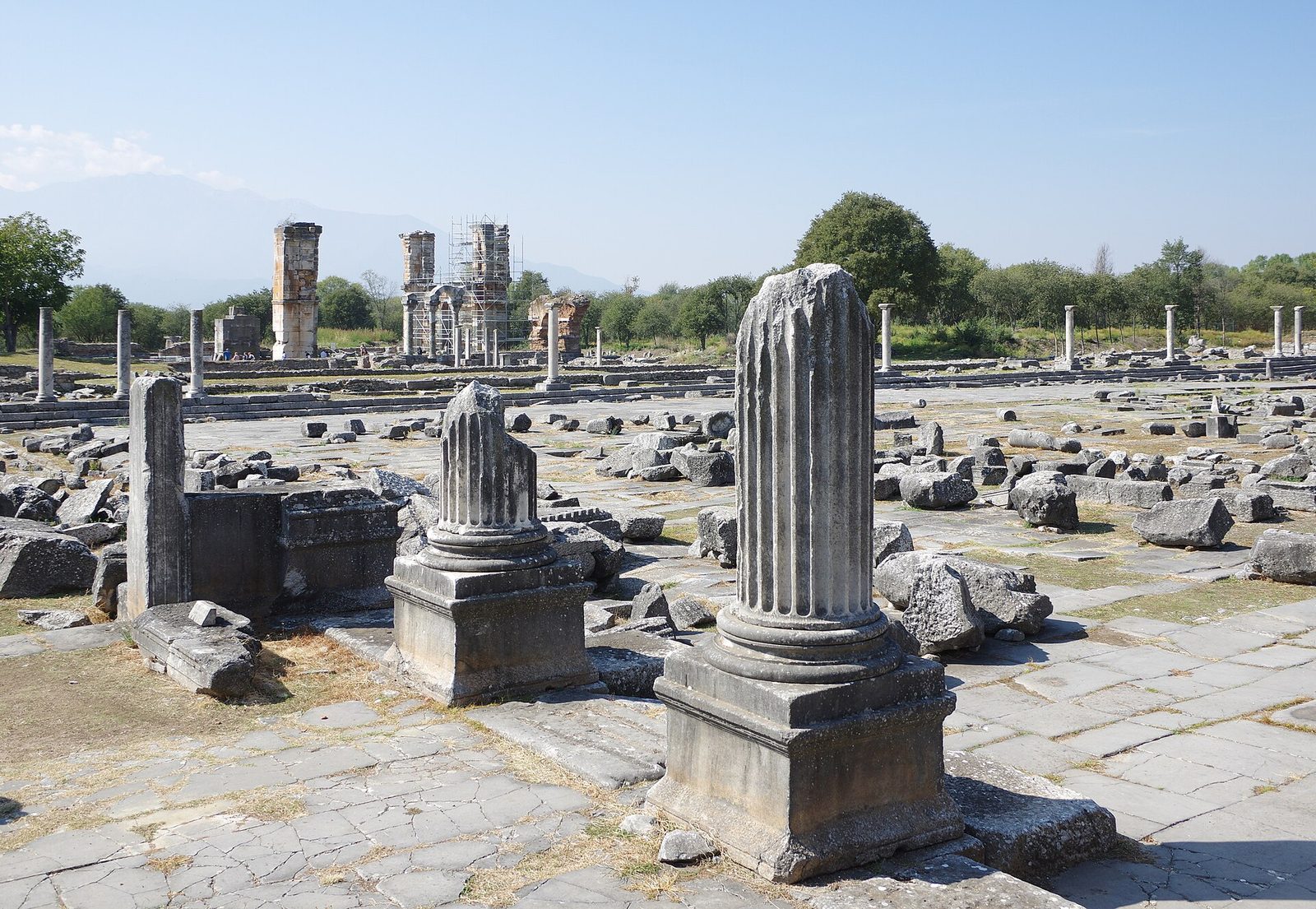 Ruins of the forum and surrounding colonnades at the archaeological site of Philippi, Greece