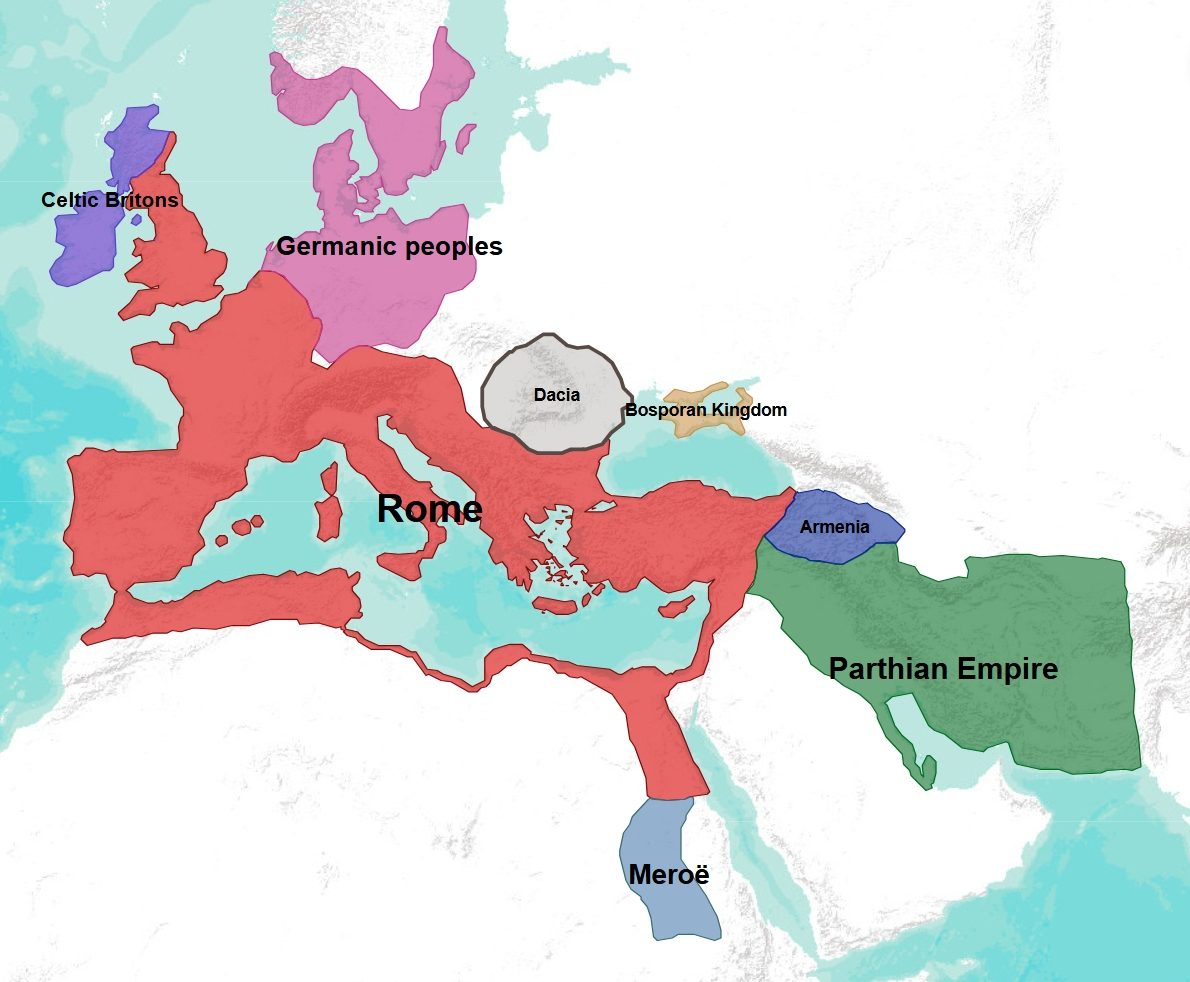 Map of the Roman Empire and neighboring powers in the mid-1st century CE