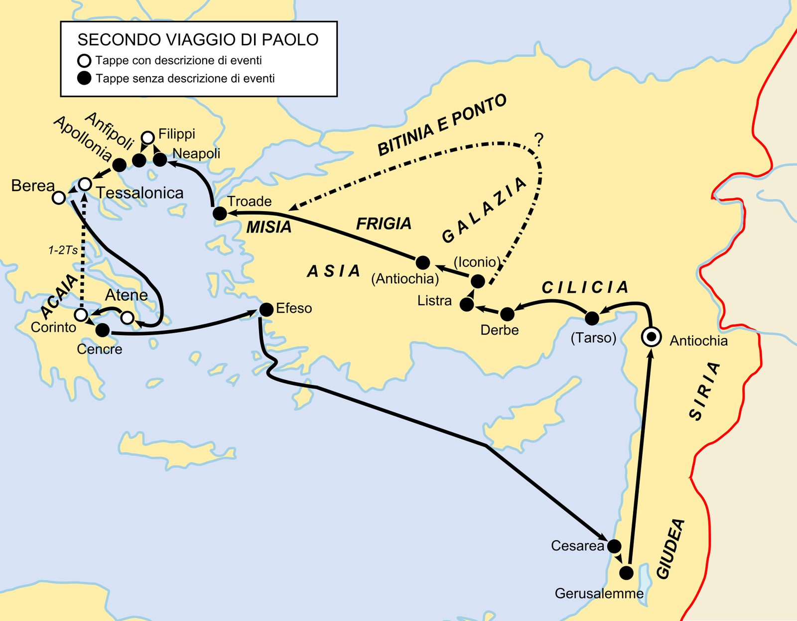 Map of Paul's second missionary journey, crossing into Macedonia and Greece