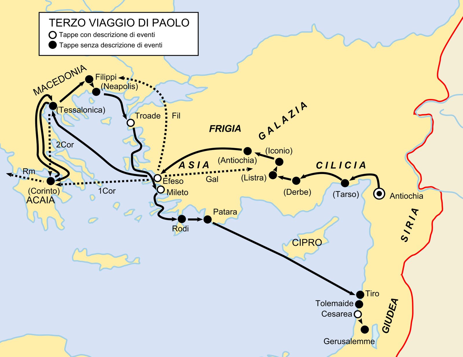 Map of Paul's third missionary journey, centered on an extended stay in Ephesus